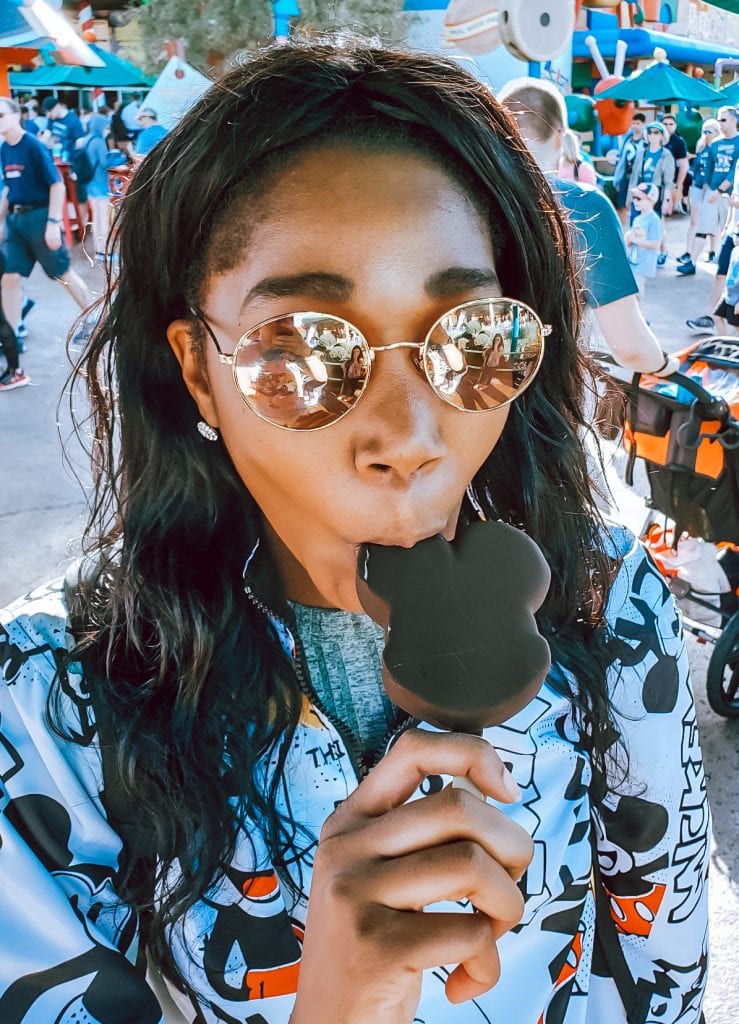 Mickey Shaped Chocolate covered Ice Cream bar in Disney World.