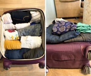 Side by Side Comparison of a suitcase with rolled clothes vs folded clothes