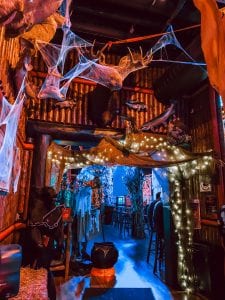 A bar decorated as a spooky Halloween theme