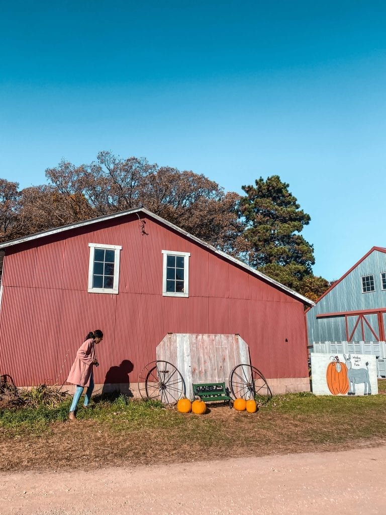 Girl standing in front of a red barn