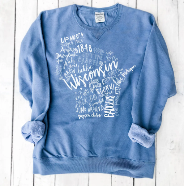 Blue Wisconsin themed sweatshirt from FanFam USA