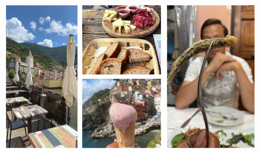 Different foods in Cinque Terre Italy. Ice Cream, Anchovies, cheese and bread tray.