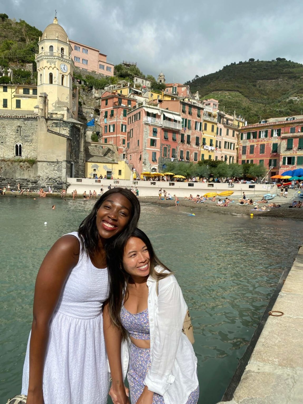 two girls hugging for a picture in Cinque Terre Italy