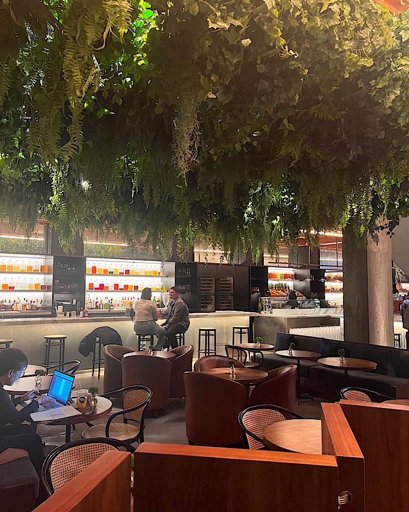 Two people sitting at a juice bar in the cafe/lobby area of the Public Hotel in NYC