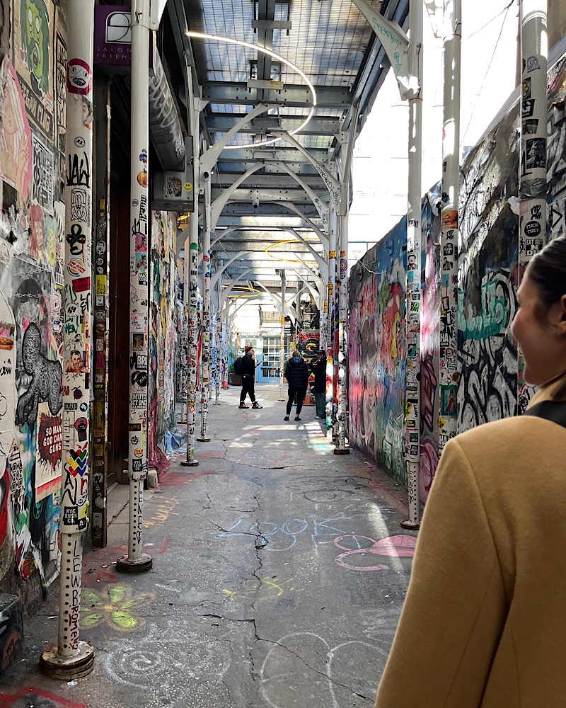 Side profile of a women walking down a graffiti street in Lower East Side NYC